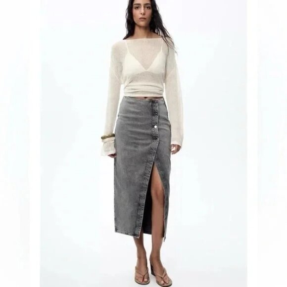 [⭐ PRICE FIRM] ZARA Denim Crossover Midi Skirt in Dark Gray Z1975 Medium M - Picture 2 of 16